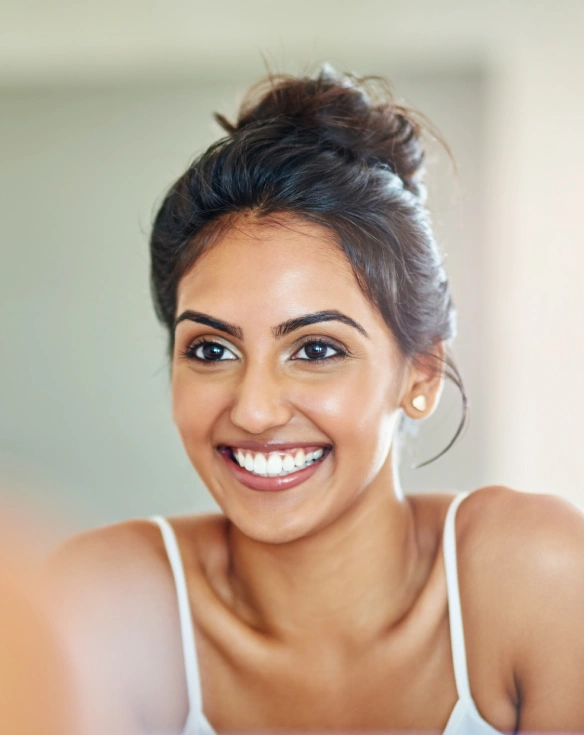 Woman smiling brightly at camera in dental office setting, wearing hoop earrings