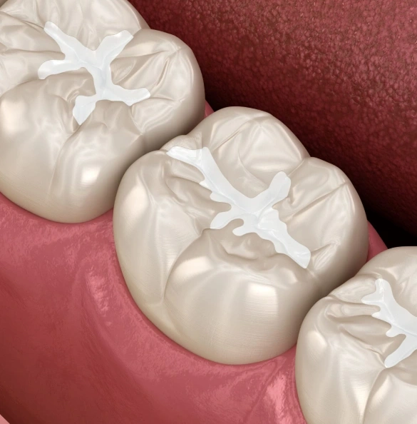 Three dental crowns with tooth-colored restorations displayed on pink gum model background.